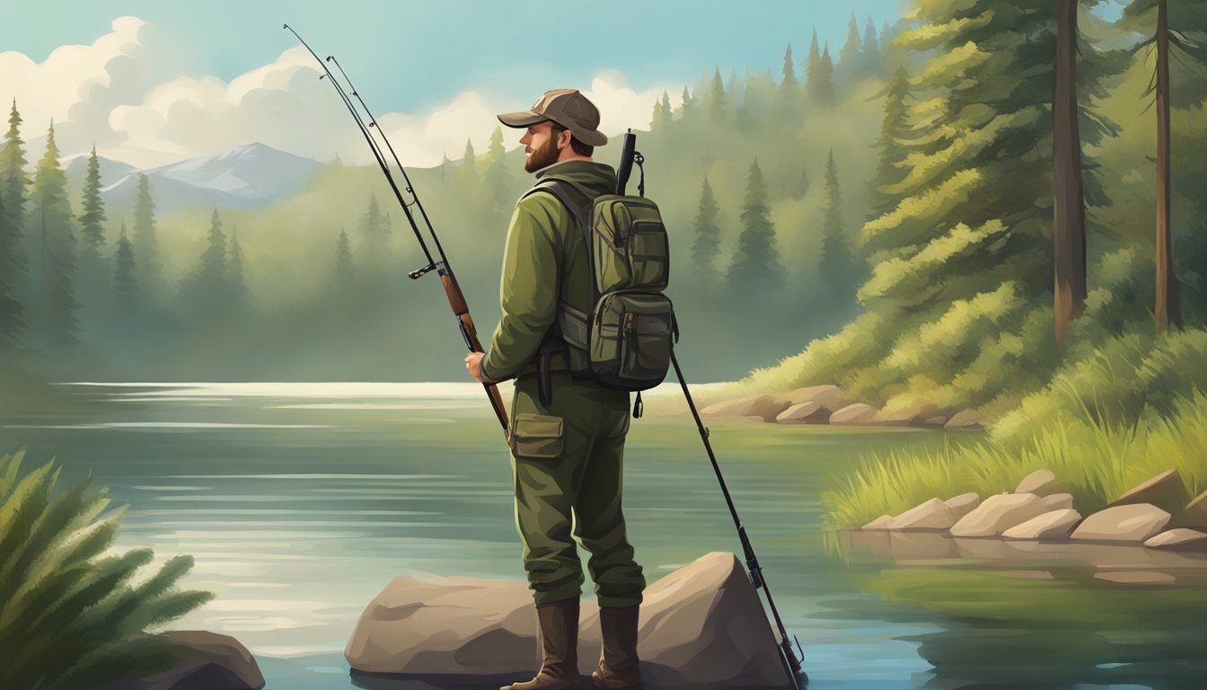 A hunter standing by a tranquil lake, holding a fishing rod and a rifle, surrounded by lush forest and wildlife