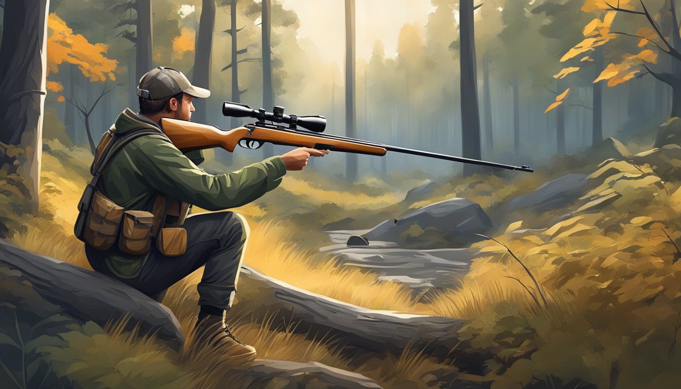 A hunter in a forest, using modern hunting technology such as a rifle or bow, with the Georgia landscape in the background