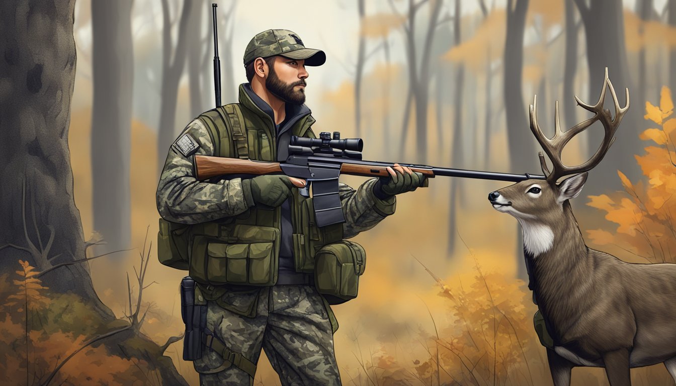 A hunter in camouflage holding a rifle, standing in a wooded area with a deer in the distance