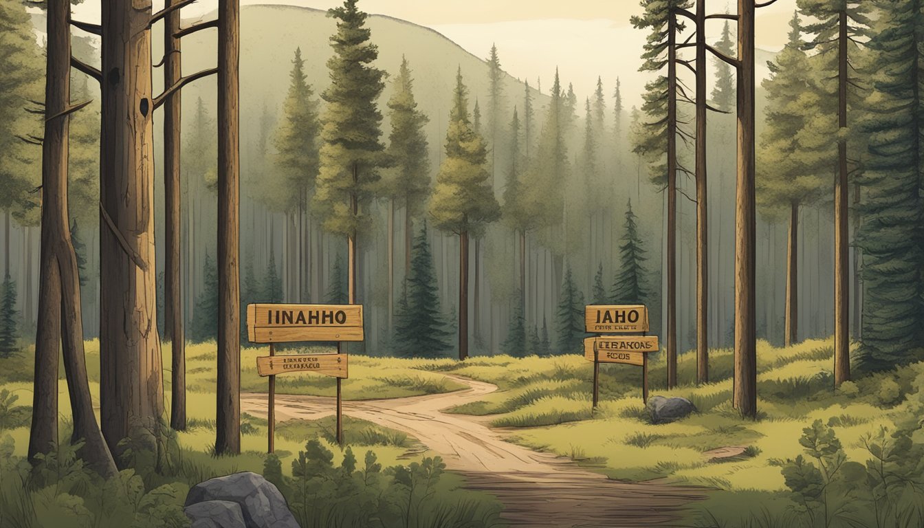 A forest clearing with a wooden signpost displaying hunting regulations and licenses for Idaho hunting seasons. Surrounding trees and wildlife