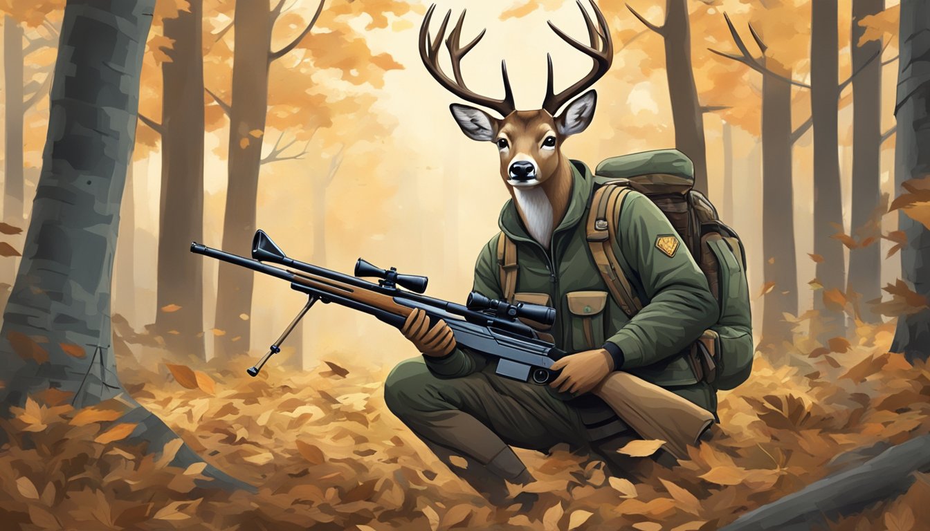 A deer in a forest clearing, surrounded by trees and fallen leaves, with a hunting rifle and camouflage gear nearby