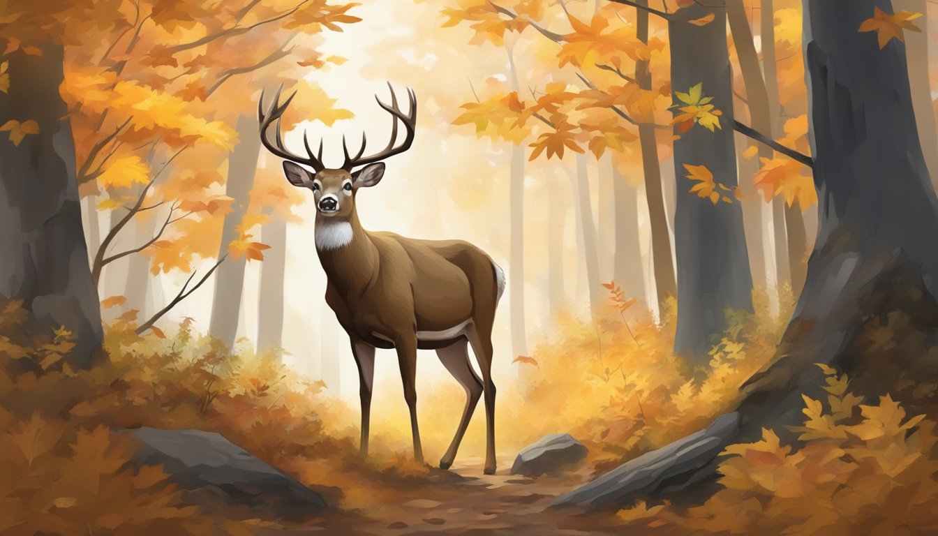 A deer cautiously steps through a wooded area, surrounded by autumn foliage and under the watchful eye of a hunting blind