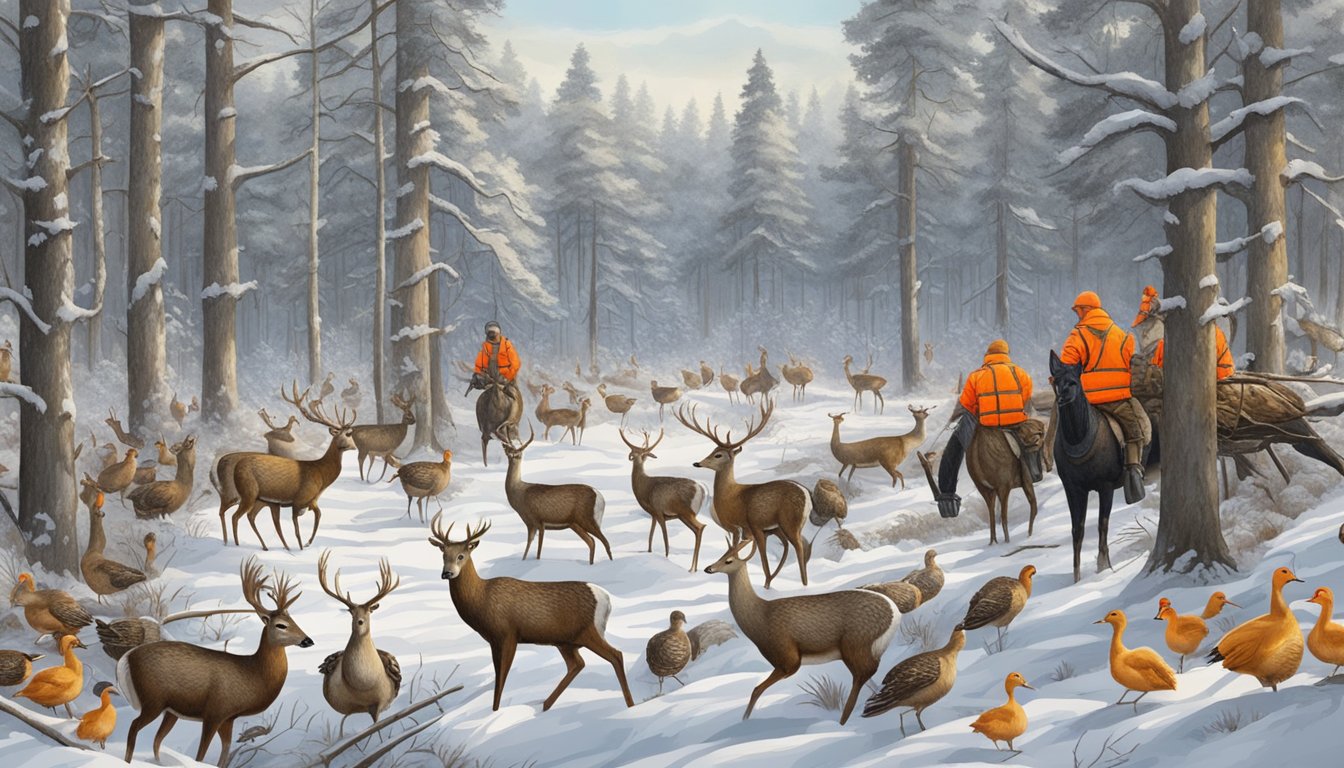 A snowy forest with deer, turkeys, and ducks, surrounded by hunters in camouflage, carrying rifles and wearing orange vests