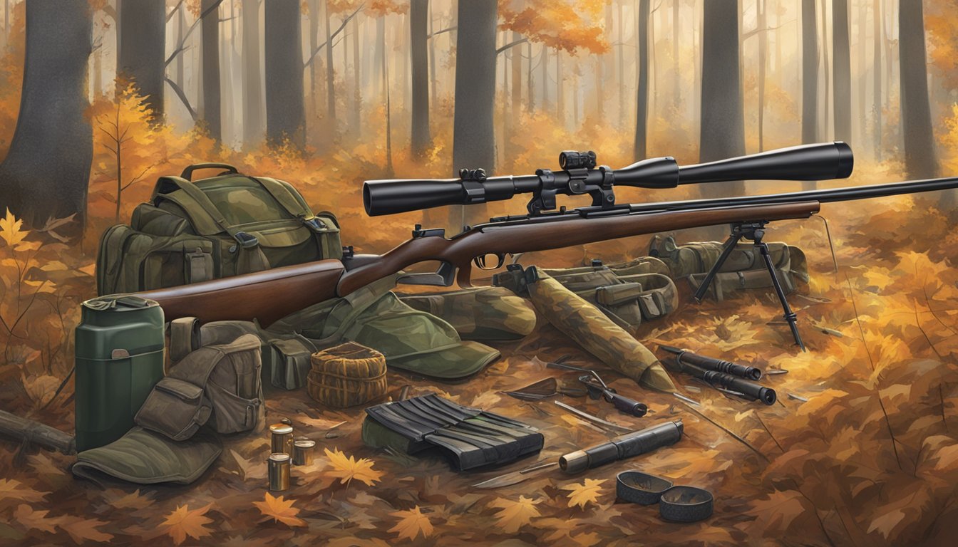 A forest clearing with hunting gear laid out: rifles, camouflage clothing, and hunting stands. The scene is set in the early morning light of an Indiana autumn