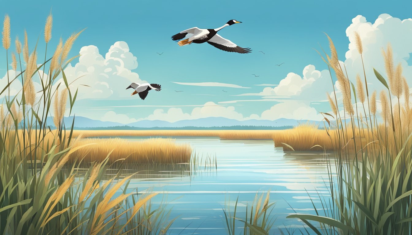 A serene lake surrounded by tall grasses and reeds, with waterfowl and migratory birds flying in the clear blue sky above