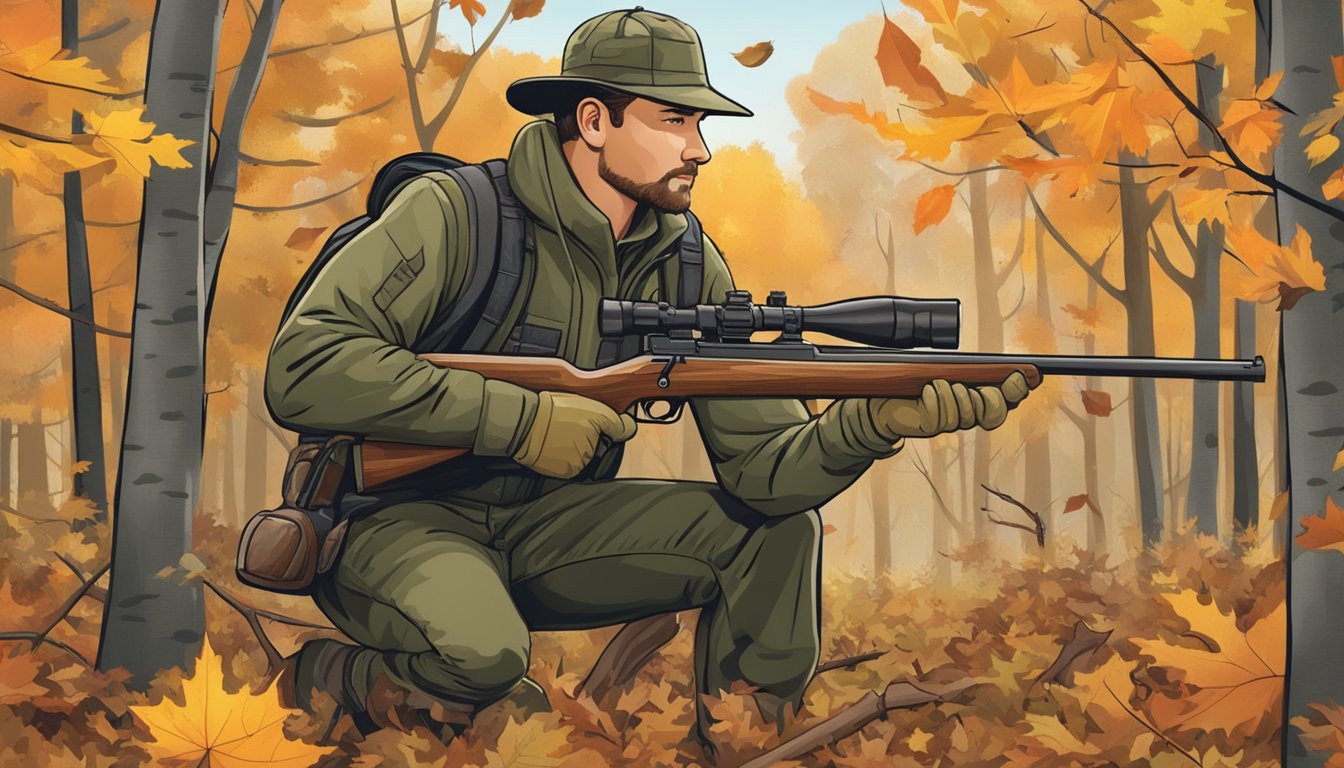 A hunter in a forest, surrounded by autumn leaves, with a rifle and camouflage gear, checking a calendar of Indiana hunting seasons