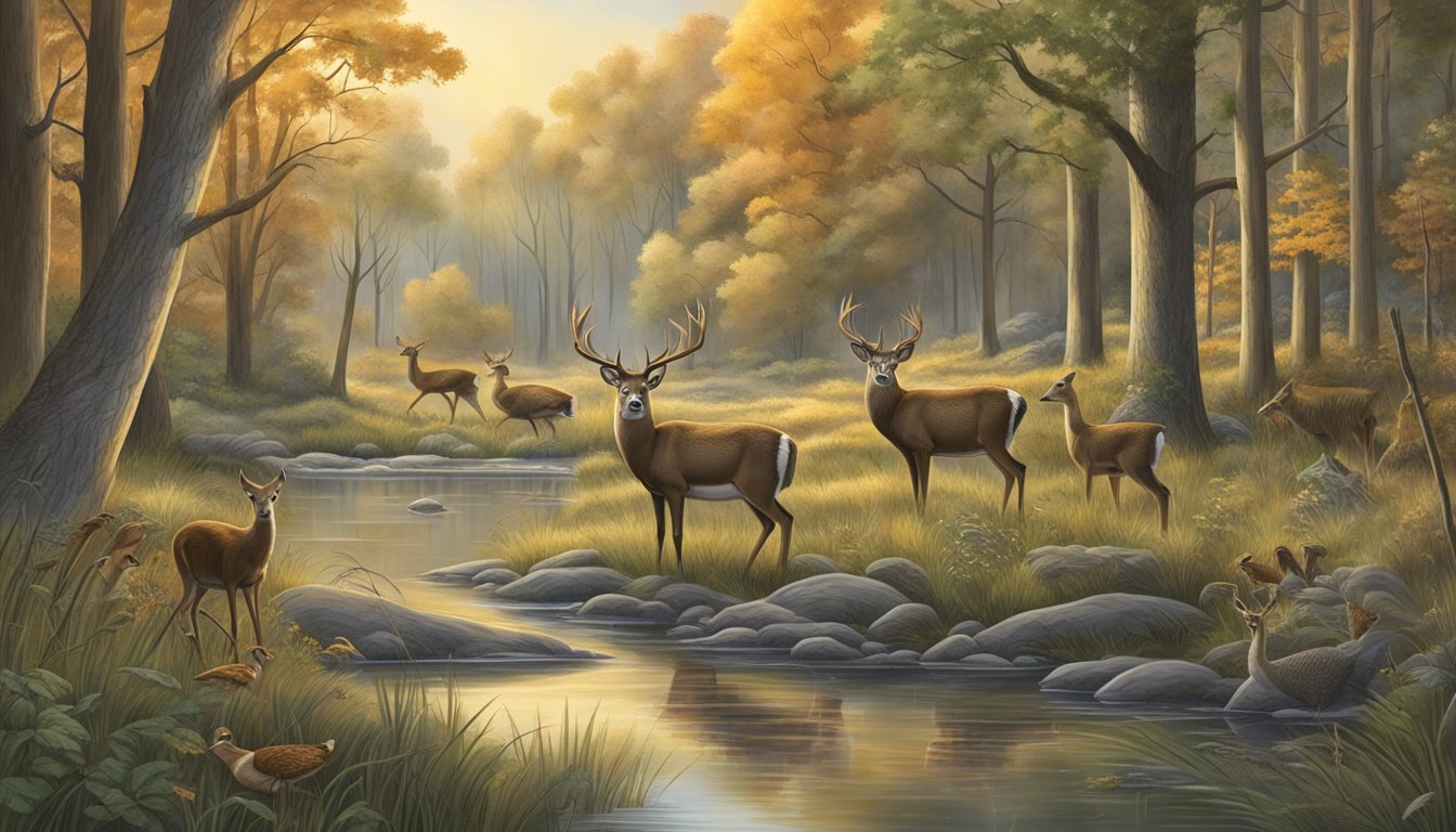 A serene forest landscape with various wildlife species, including deer, turkeys, and waterfowl, coexisting in their natural habitat during different hunting seasons in Illinois