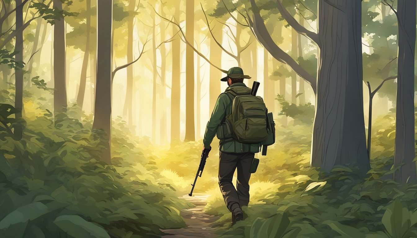 A hunter walking through a forest with a rifle, surrounded by trees and bushes, with the sun shining through the leaves