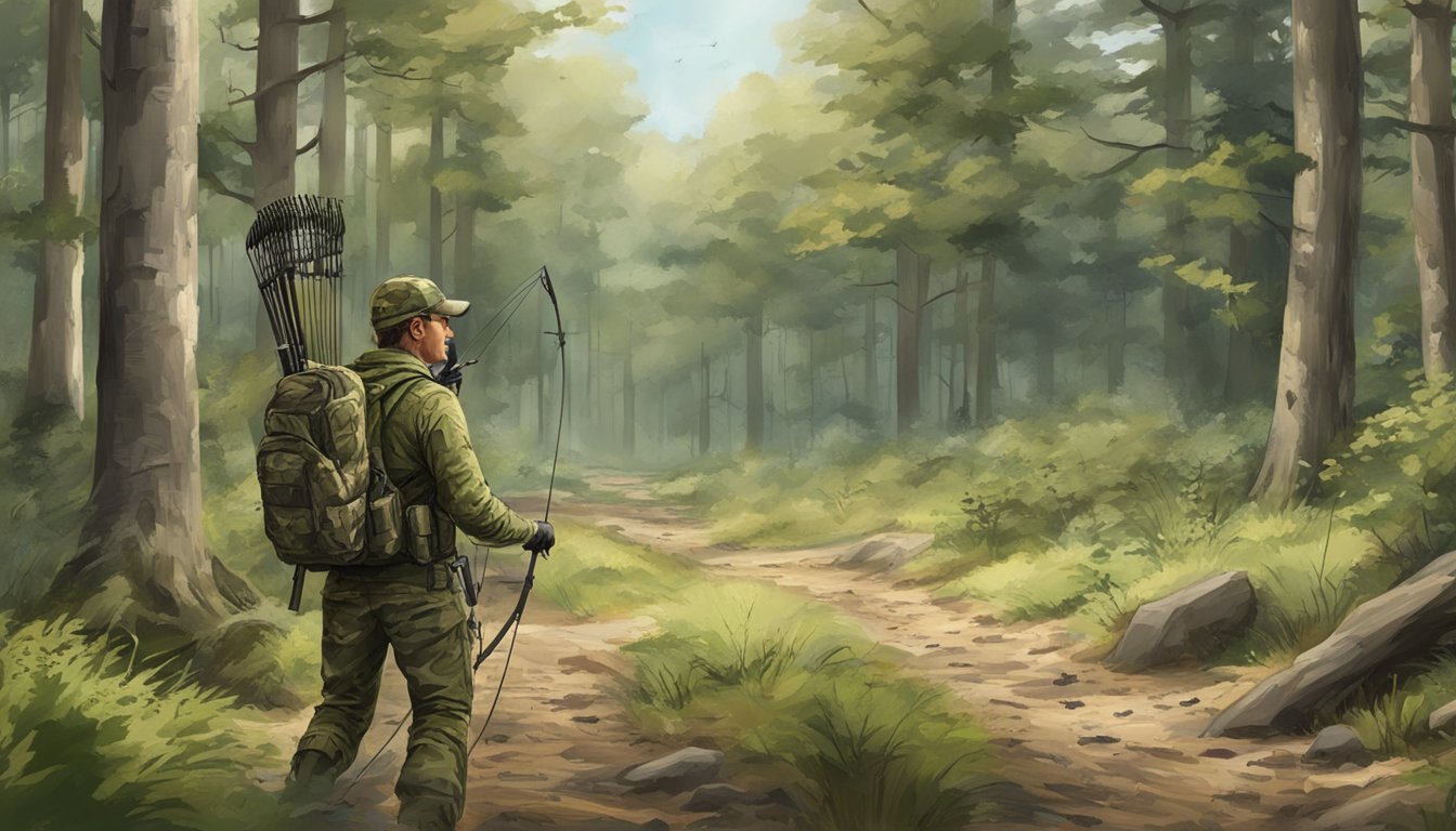 A forest clearing with camouflage gear, a compound bow, and a trail of animal tracks