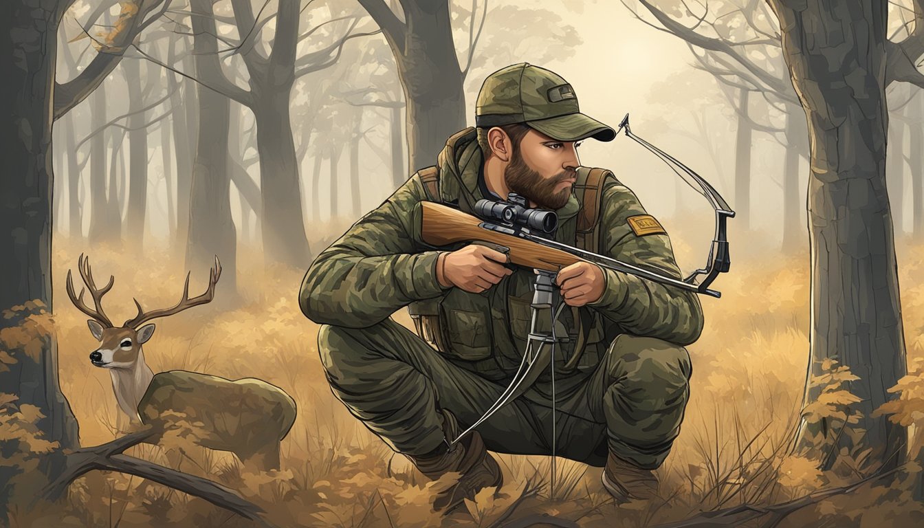 A hunter in camouflage with a bow and arrow crouched behind a tree, watching a deer through binoculars