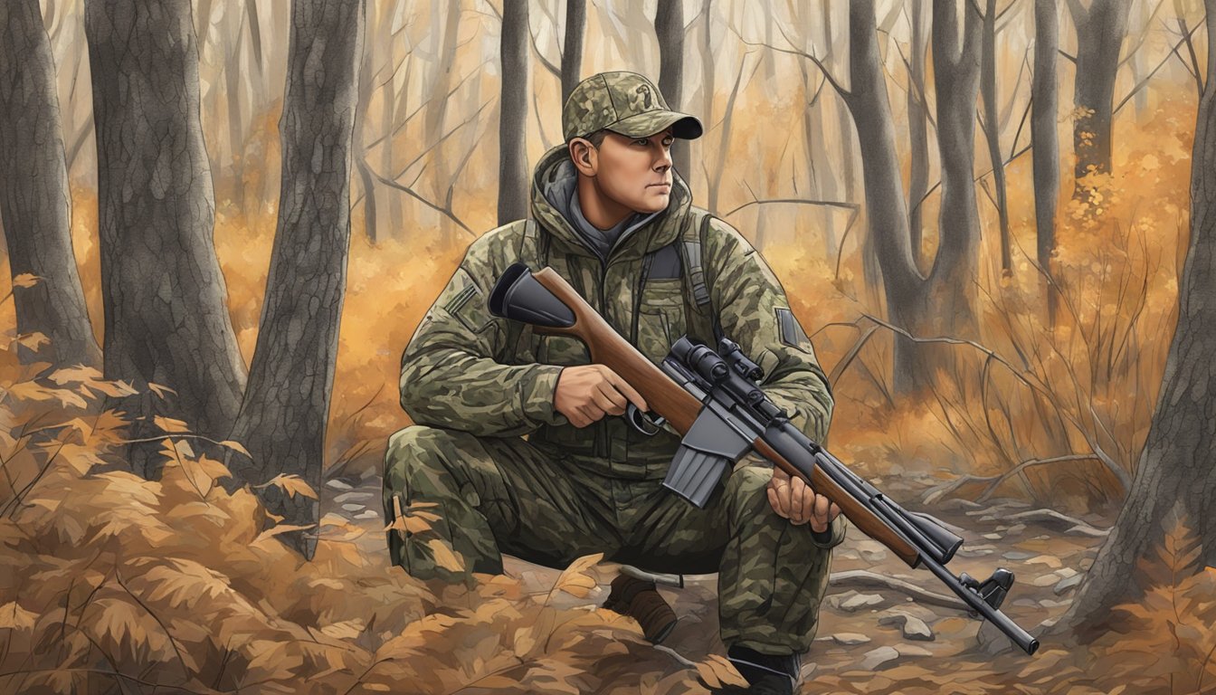 A hunter in camouflage with a rifle, observing wildlife from a distance in a wooded area during hunting season in Indiana