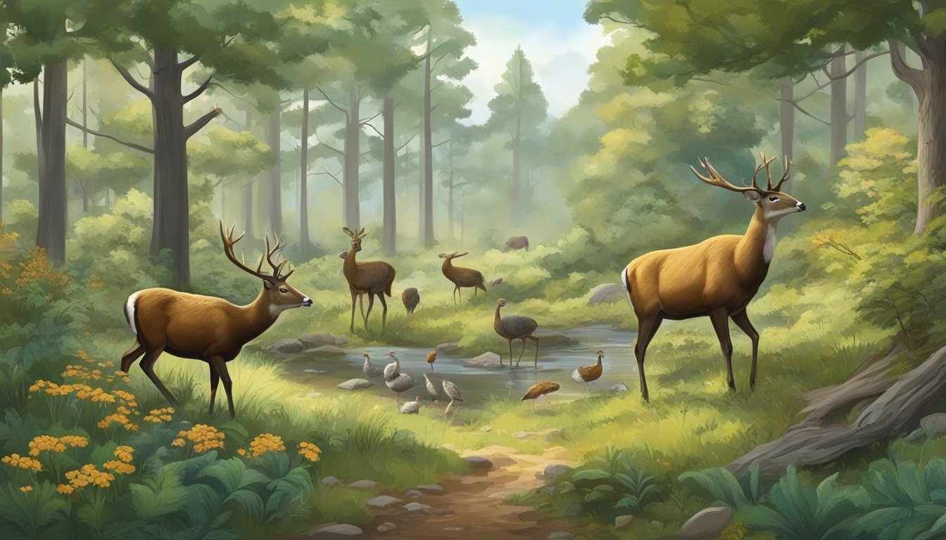 A forest clearing with deer, turkeys, and other wildlife peacefully coexisting, surrounded by trees and natural vegetation