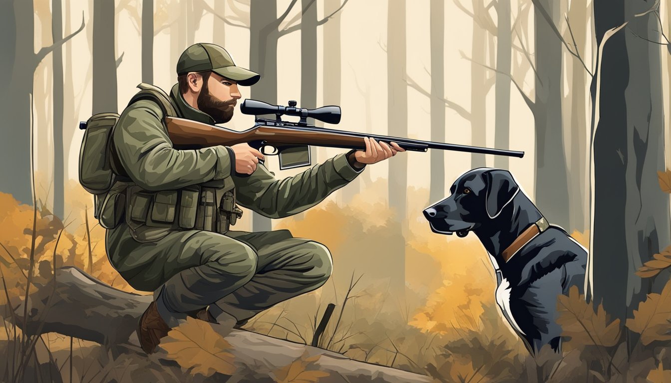 A hunter in camouflage gear waits in a wooded area, rifle at the ready. Nearby, a hunting dog sniffs the ground for signs of game