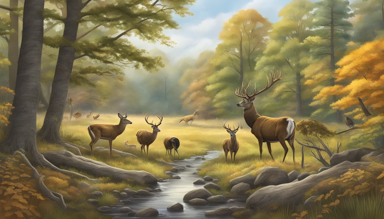 A serene forest landscape with various wildlife, including deer and turkey, roaming freely during the Illinois hunting season