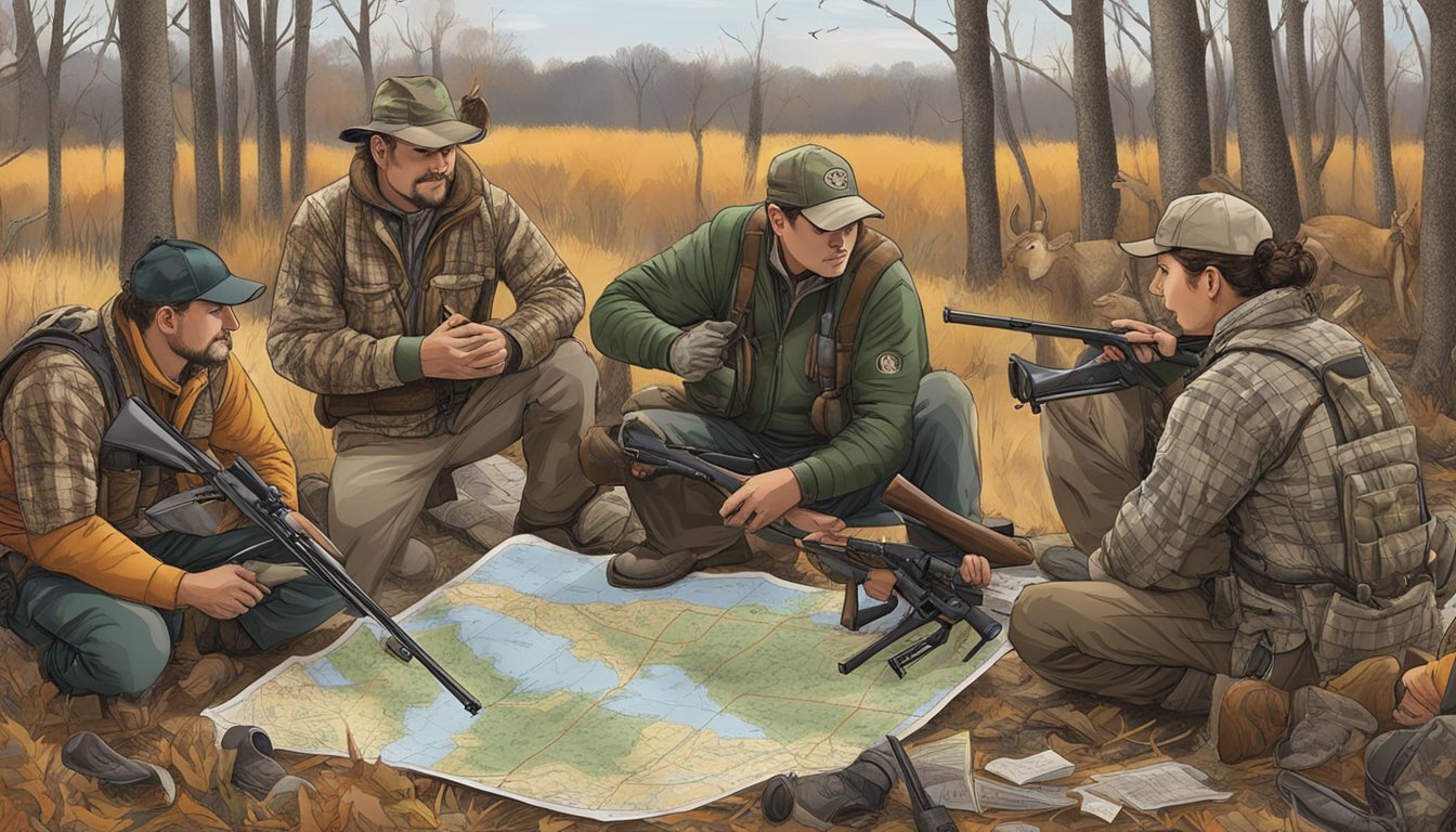 A group of hunters gather around a map, discussing funding and support opportunities for Illinois hunting seasons. Outdoor gear and hunting rifles are scattered around the table