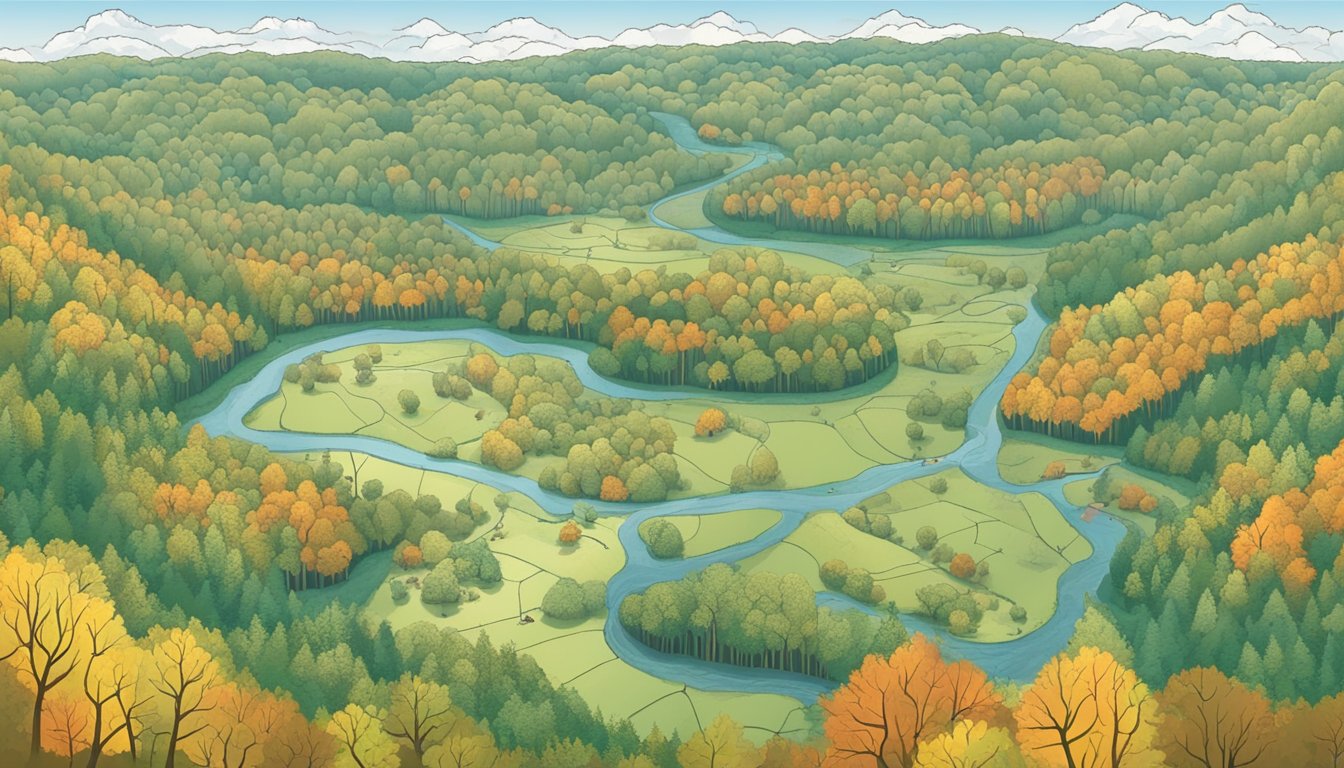 A forested landscape in Kentucky with various hunting zones marked by different colored boundaries. Wildlife such as deer, turkey, and waterfowl can be seen roaming the area