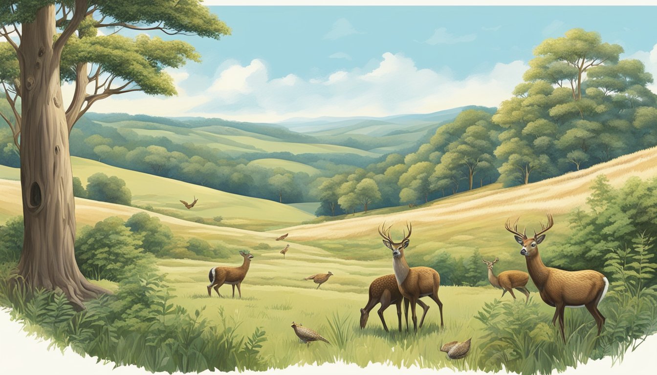 A serene woodland clearing with deer, pheasants, and other wildlife, surrounded by rolling hills and a clear blue sky