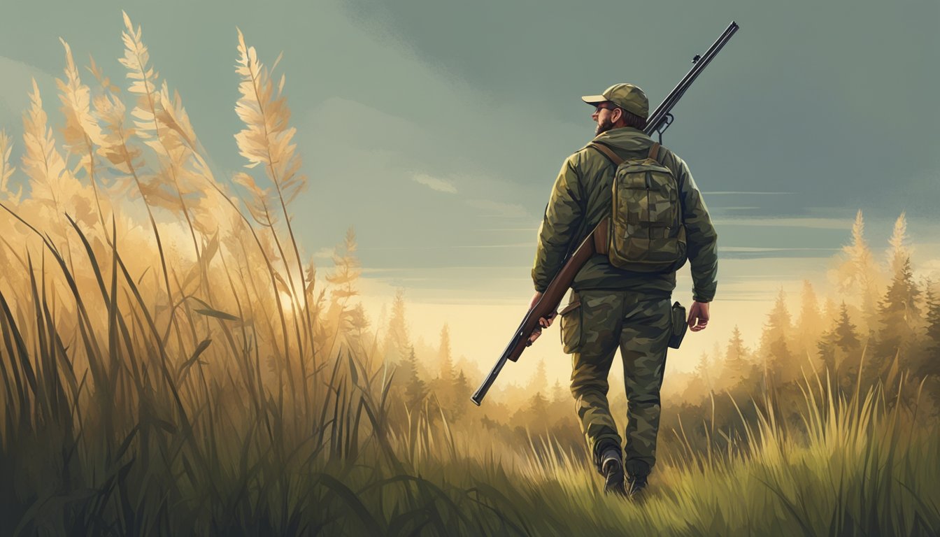 A hunter in camouflage with a shotgun walks through a field of tall grass, with a forest in the background