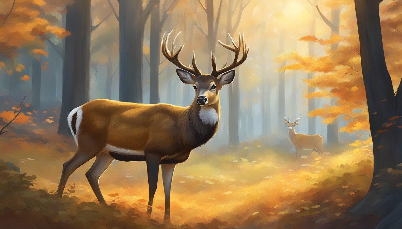 A serene forest clearing with a deer cautiously grazing, surrounded by autumn foliage and a soft golden light filtering through the trees