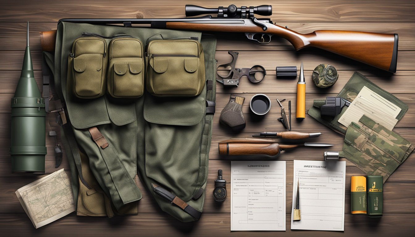 A hunter's gear laid out on a wooden table, including a rifle, camouflage clothing, ammunition, and a hunting license