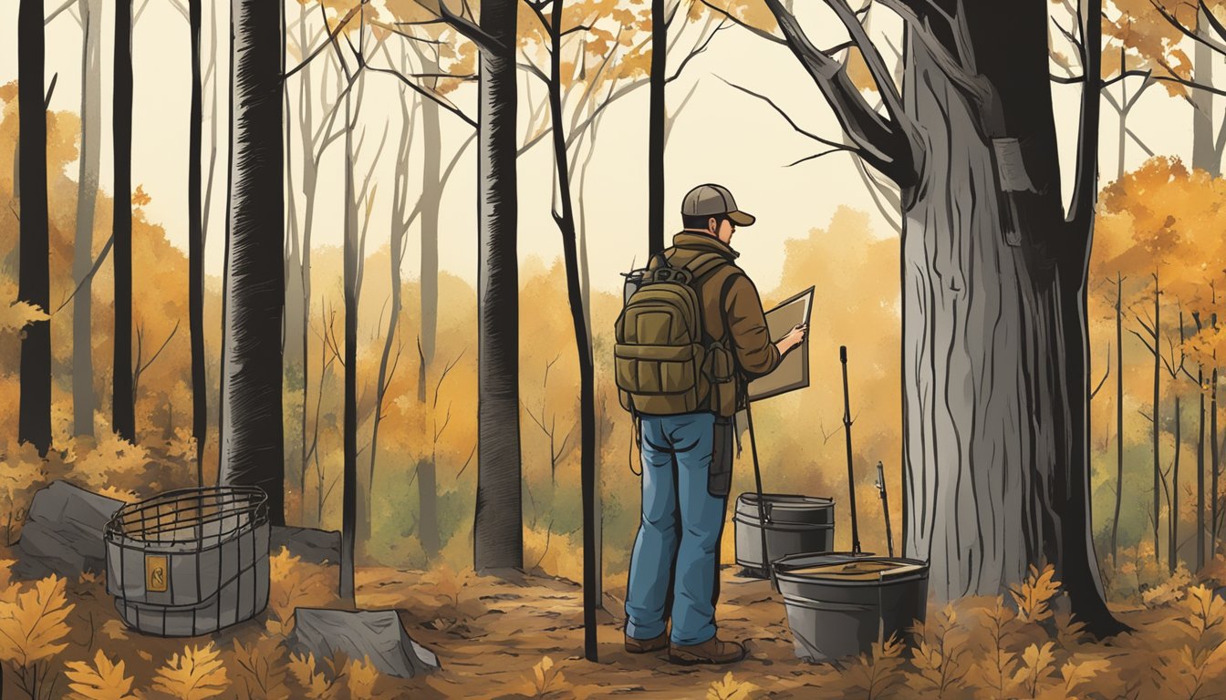 A hunter setting up a tree stand in a wooded area, with a sign nearby indicating the harvest limits and restrictions for Kentucky hunting seasons