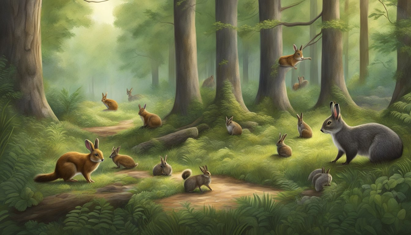 A forest clearing with a variety of small game and furbearer species, such as rabbits, squirrels, and raccoons, in their natural habitat