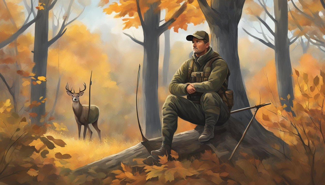 A hunter silently waits in a tree stand, camouflaged against the autumn foliage, bow at the ready. A deer cautiously approaches the clearing, unaware of the impending danger