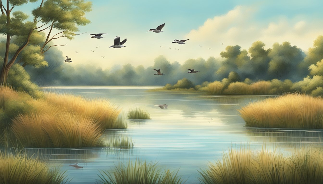 A serene lake surrounded by tall grasses and trees, with waterfowl and migratory birds in flight or resting on the water