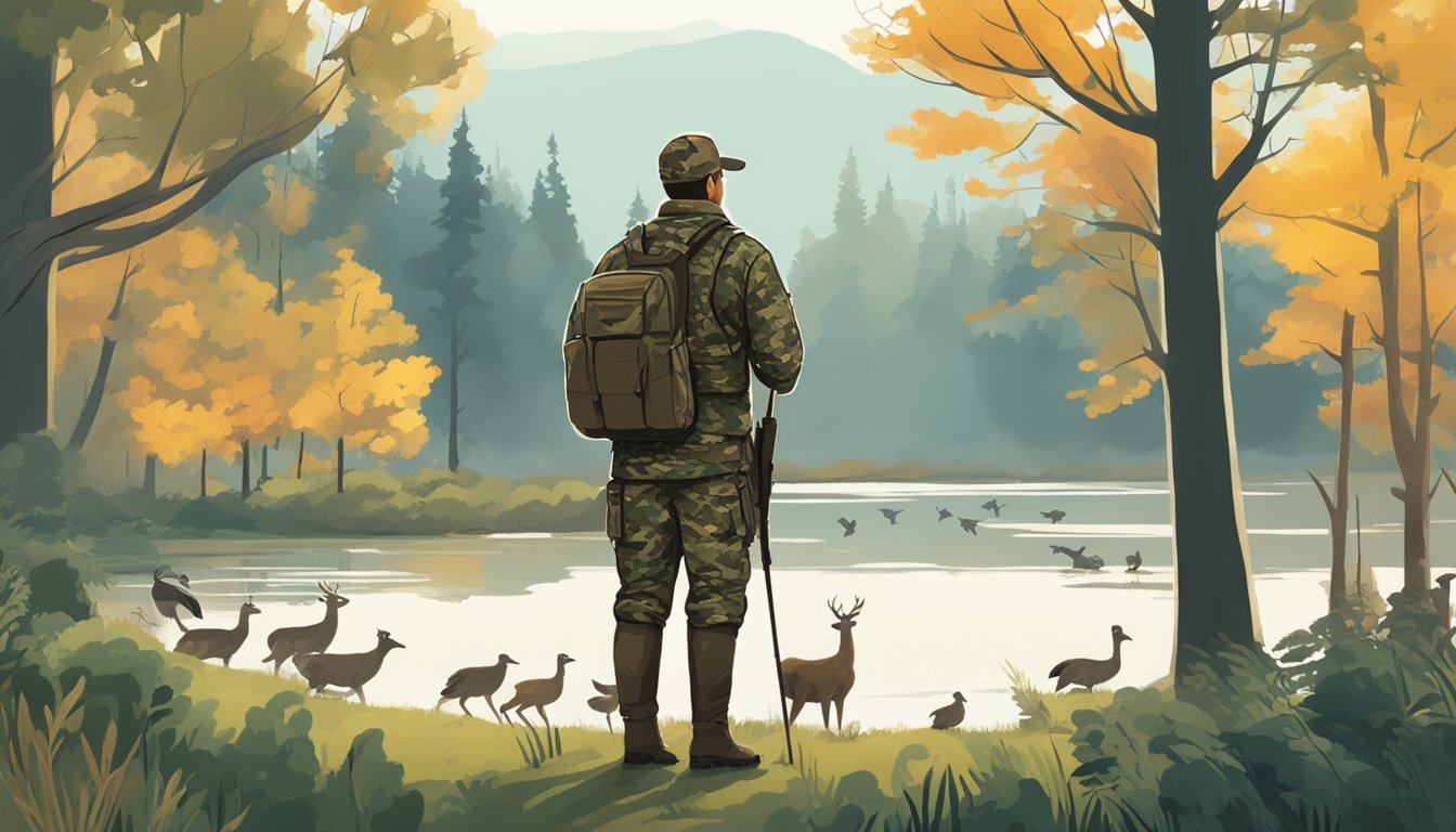 A serene forest clearing with a variety of wildlife, including deer, turkeys, and ducks. A hunter in camouflage stands in the distance, observing the animals