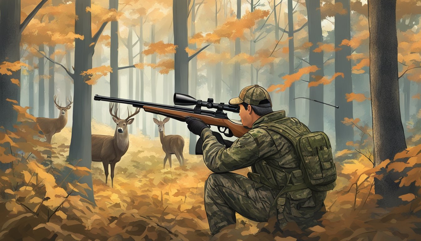 A hunter in camouflage aiming a rifle at a deer in a forest clearing during Maryland hunting season