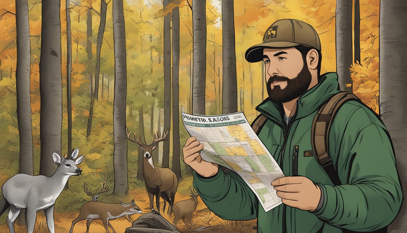 A hunter in a forest, holding a Maryland hunting license and permit, with the state's hunting seasons calendar displayed nearby