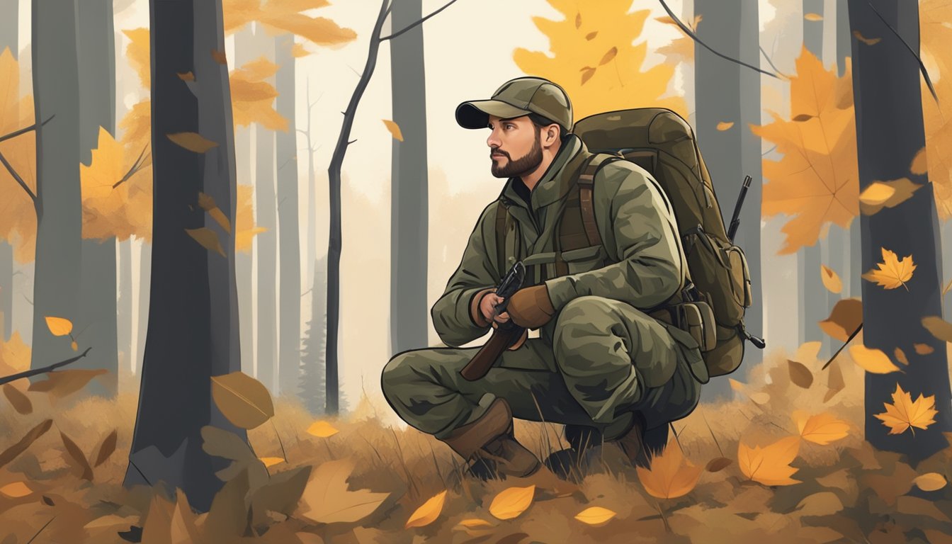 A hunter in camouflage gear quietly waits in a forest clearing, surrounded by tall trees and fallen leaves. A small game and furbearer hunting scene in Maryland