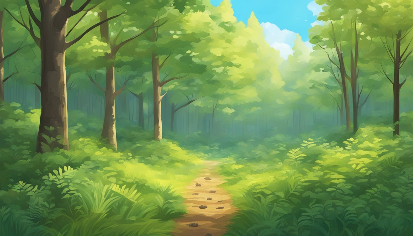 A serene forest clearing with various animal tracks leading into the dense woods, surrounded by vibrant foliage and a calm, blue sky