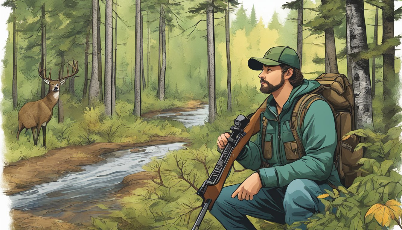 A hunter in a forest with a rifle, surrounded by trees and wildlife, with a sign displaying Maine hunting license information