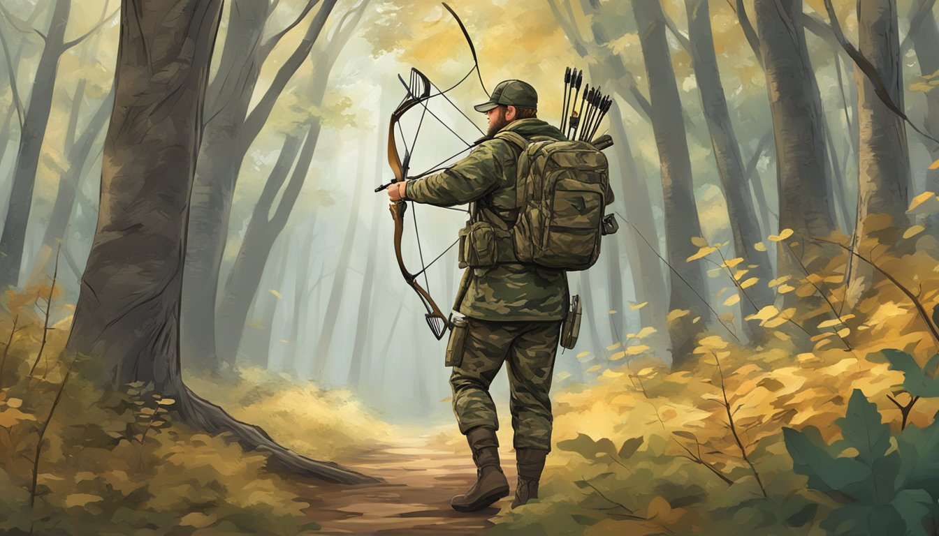 A hunter in camouflage with a bow and arrow stalking through a wooded area during Maryland hunting season