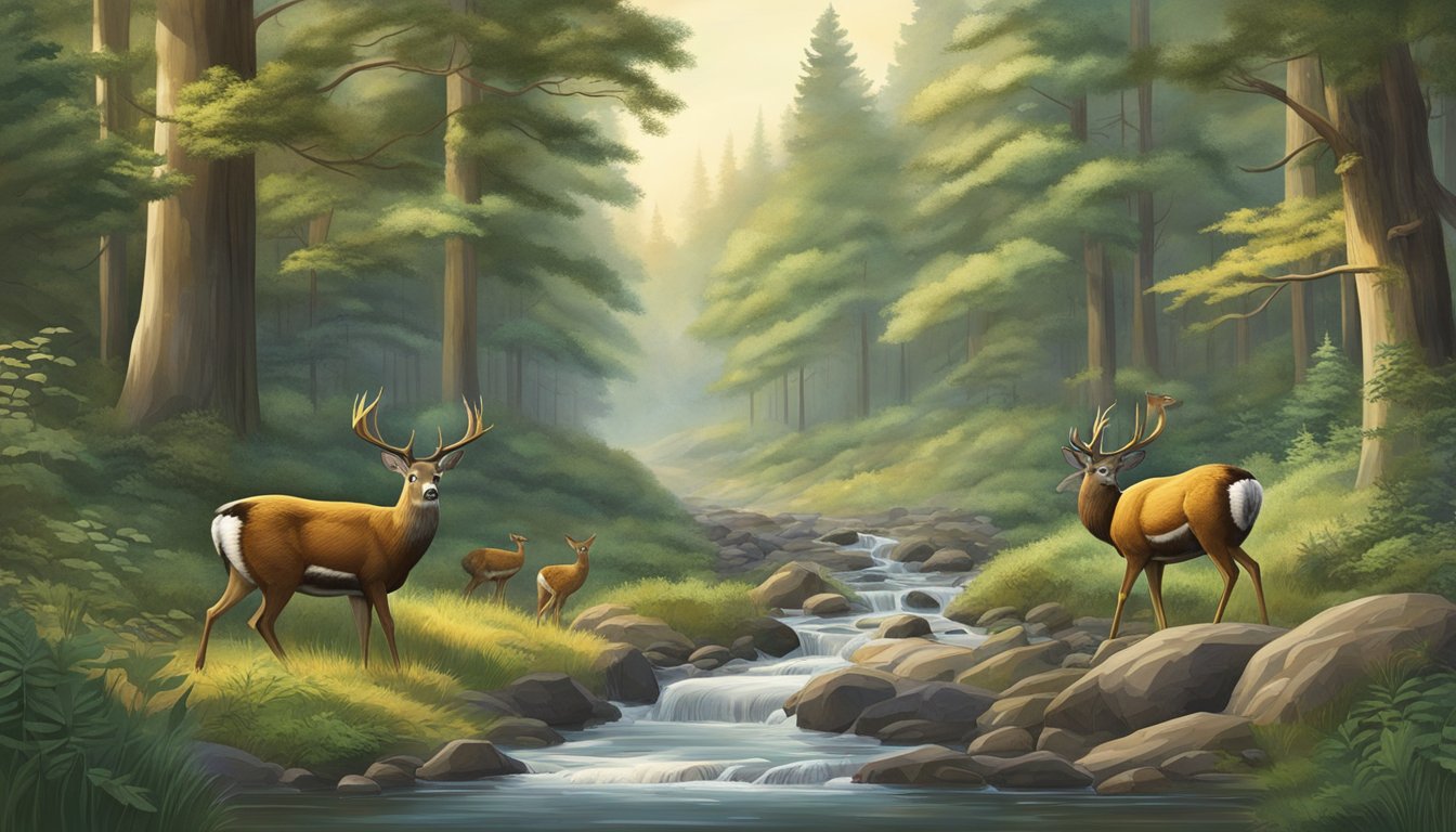 A dense forest with tall trees, a flowing stream, and various wildlife like deer, turkeys, and grouse