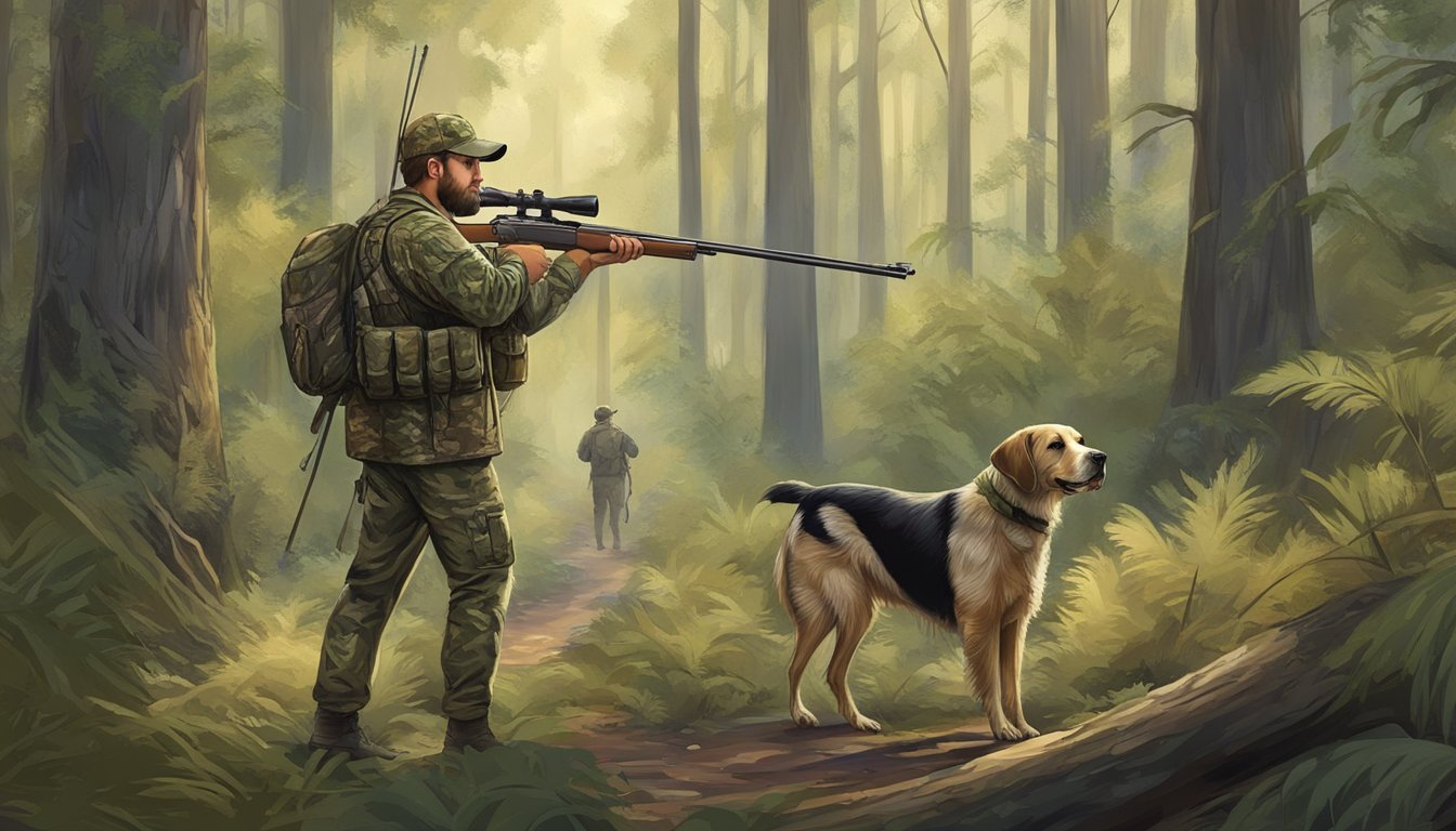 A hunter in camouflage navigating through a dense Louisiana forest, with a rifle in hand and a hunting dog by their side