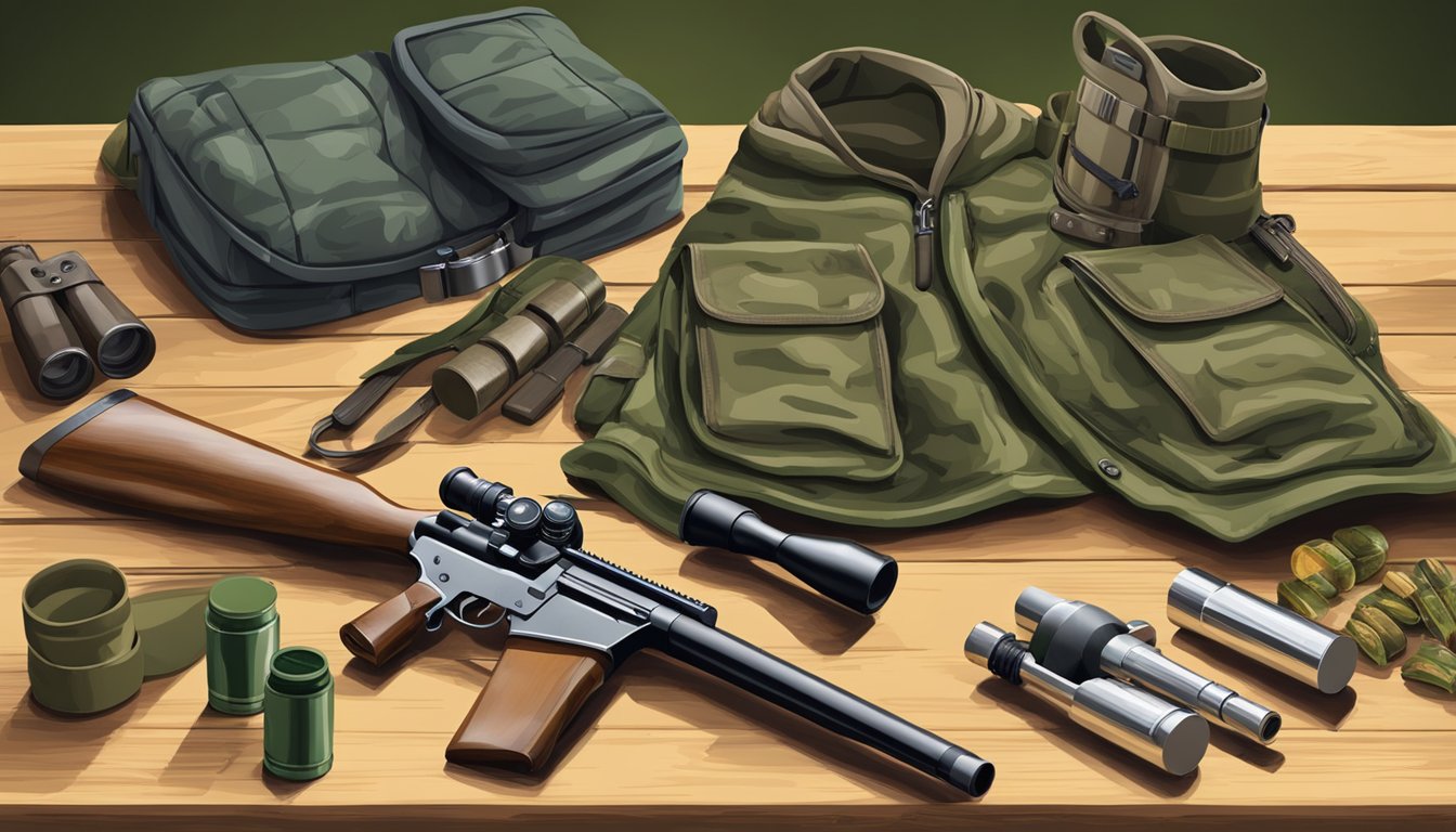 A hunter's gear laid out on a wooden table: rifle, ammunition, camouflage clothing, and a pair of binoculars