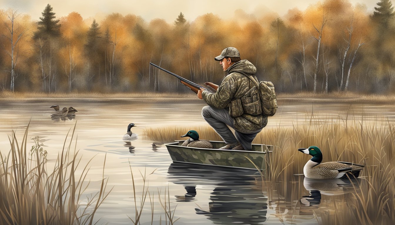 A hunter using a camouflage blind and decoys to lure in waterfowl during Maine's hunting season