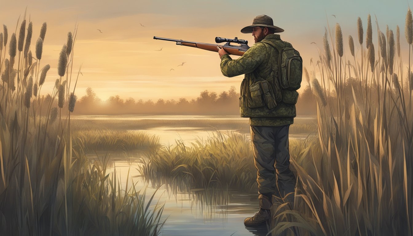 A hunter in a camouflage jacket and hat stands in a marshy area, surrounded by cattails and tall grass. A shotgun is slung over their shoulder as they scan the horizon for game