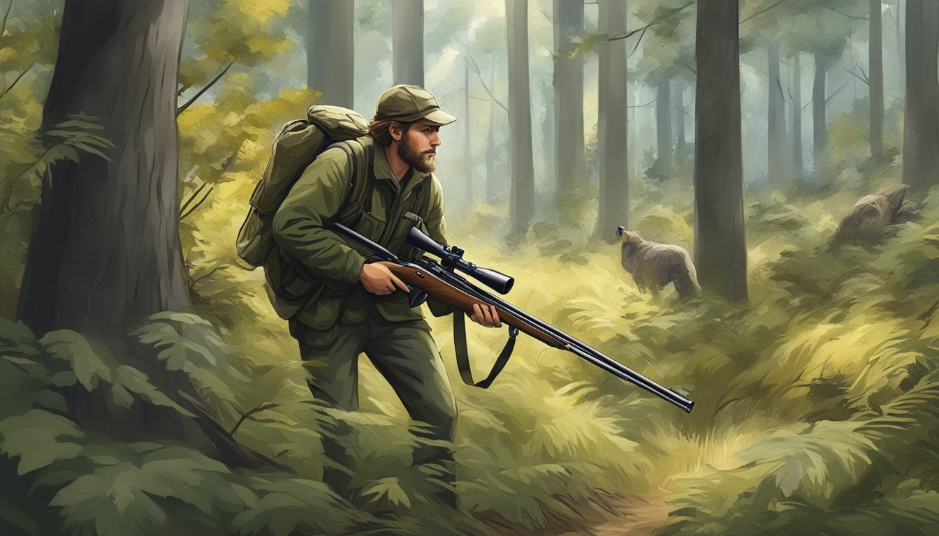 A hunter stalking through a forest, rifle in hand, with small game and furbearers hiding among the trees and underbrush