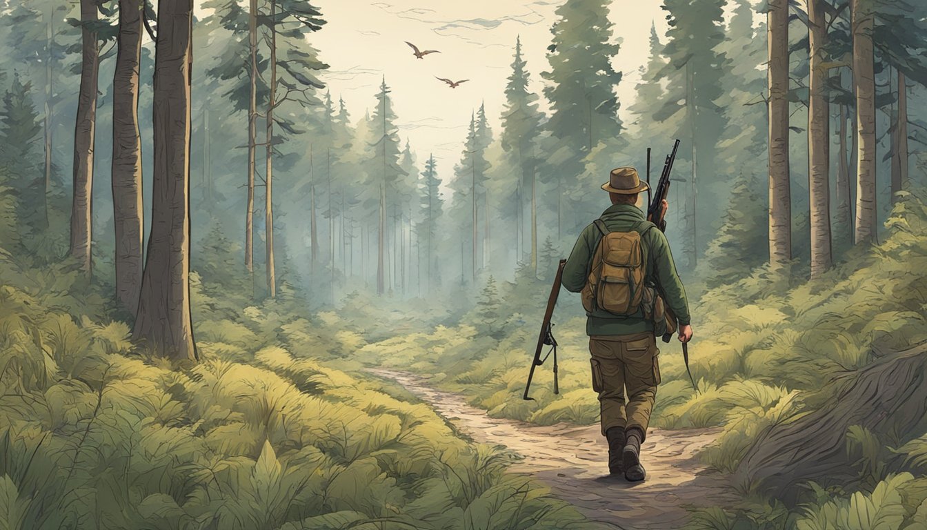 A forest scene with a hunter carrying a rifle, surrounded by trees and wildlife. The sky is overcast, and there are signs of animal tracks on the ground