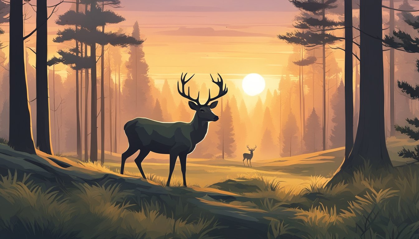 A serene forest with a deer cautiously grazing, while a hunter in camouflage observes from a distance. The sun sets in the background