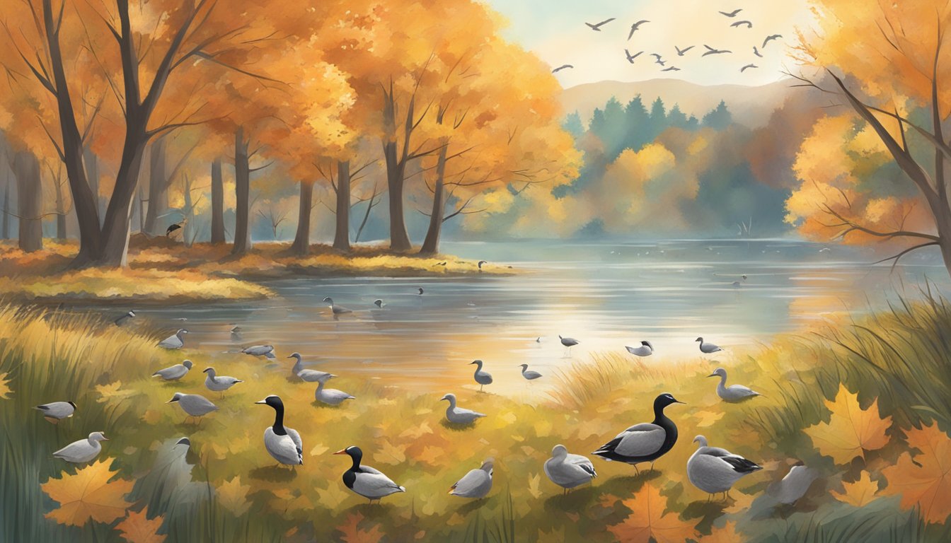 A serene lake surrounded by autumn foliage, with a flock of migratory waterfowl flying overhead