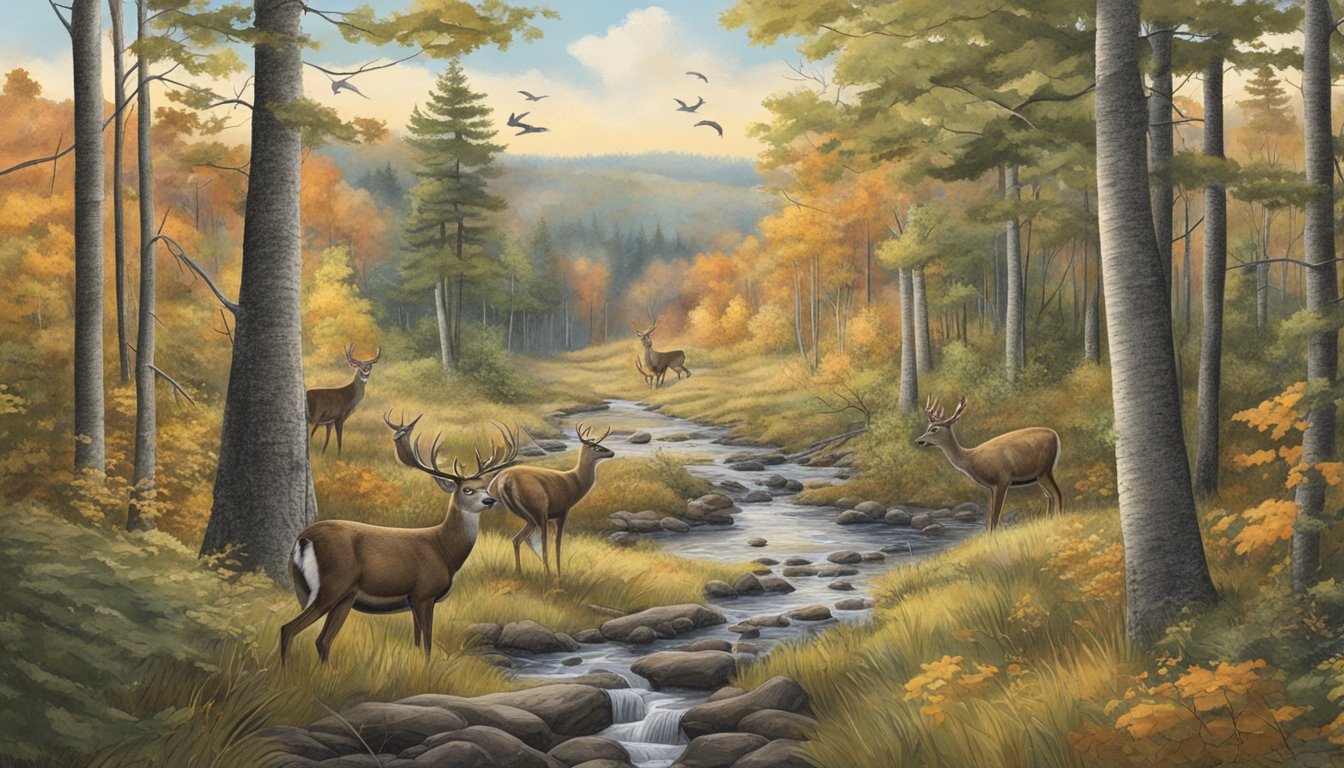 A wooded landscape with various wildlife, including deer and turkey, in Maine during hunting season