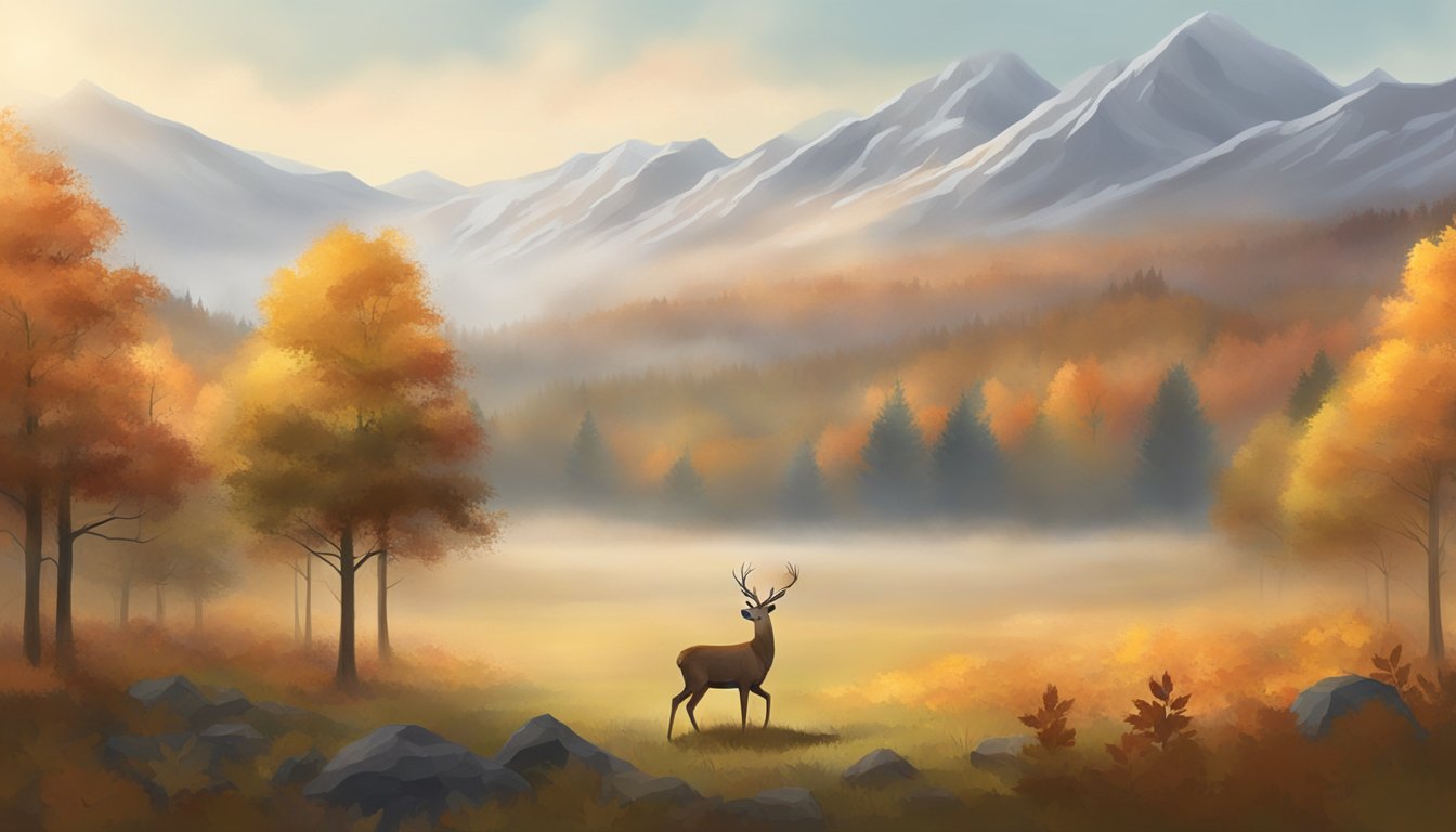 A serene forest clearing with a deer grazing, surrounded by autumn foliage and a backdrop of misty mountains