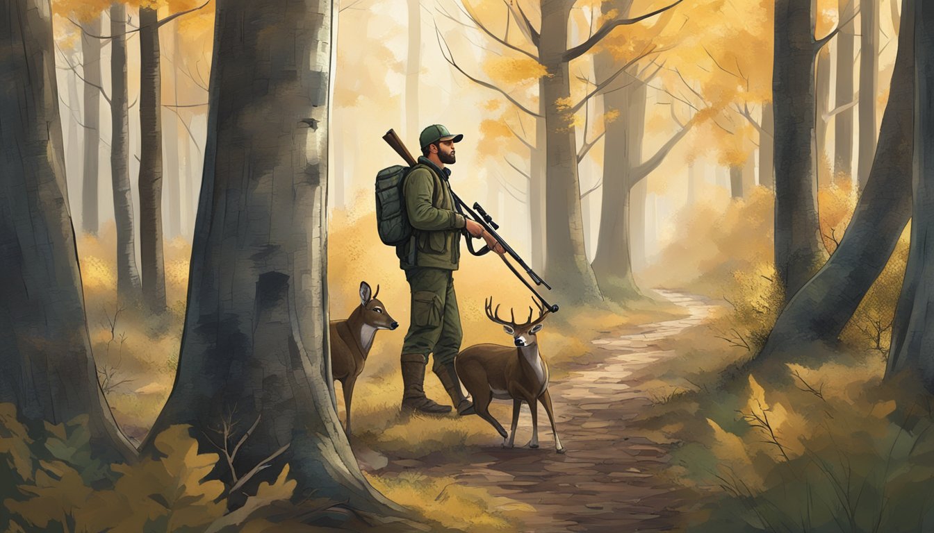 A hunter in a wooded area, rifle in hand, tracking a deer