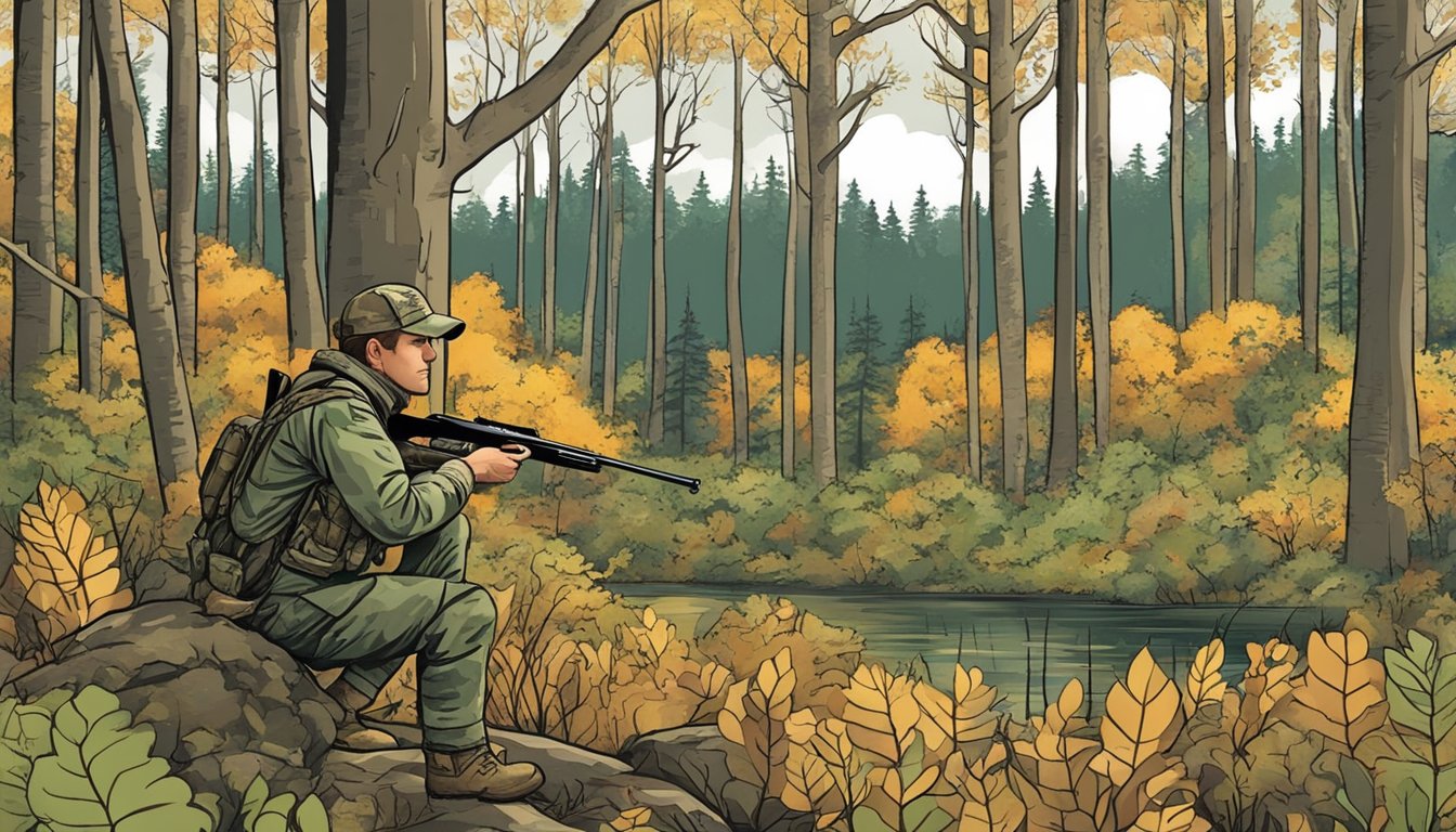 A forested landscape with a hunter in camouflage, holding a rifle, and observing wildlife. The scene includes a sign indicating Massachusetts hunting seasons