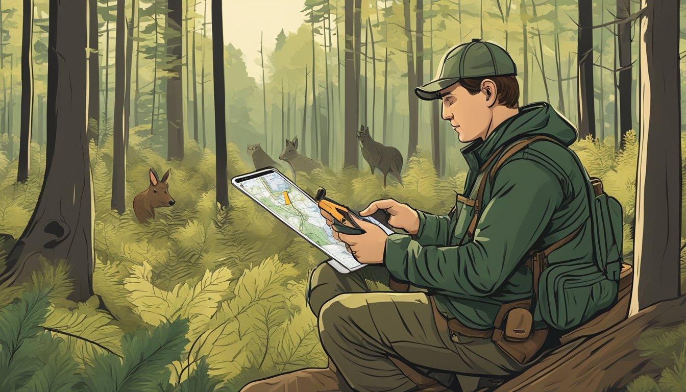 A hunter in a forest, surrounded by trees and wildlife, checking a map of Massachusetts hunting seasons on a smartphone