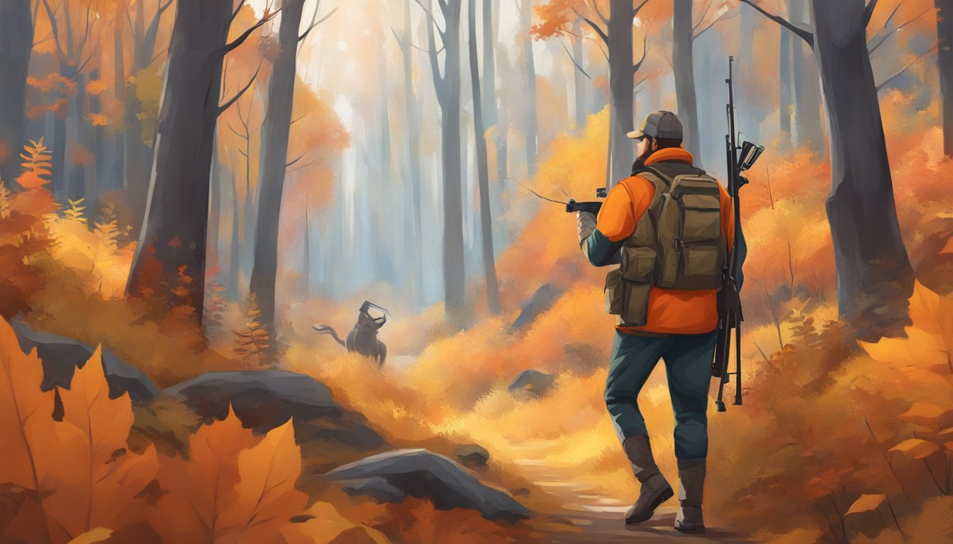 A hunter in a bright orange vest walks through a dense forest with a rifle, surrounded by fall foliage and wildlife